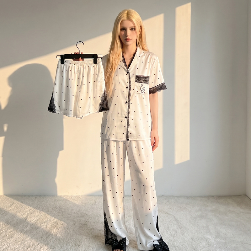 Conjunto de pijama de lujo delgado de verano con lunares de encaje de seda helada 3PCS de manga corta y pantalones cortos para mujeres
