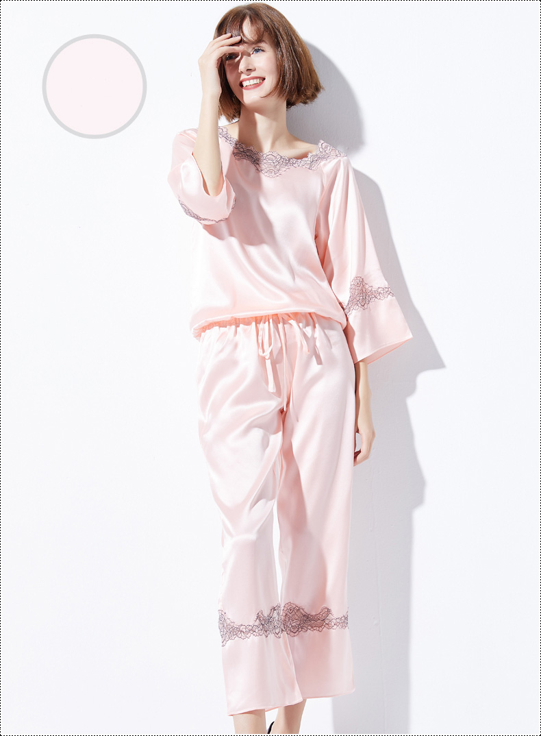 Conjunto de pijama de seda pura para dama con bordado de lujo 100%