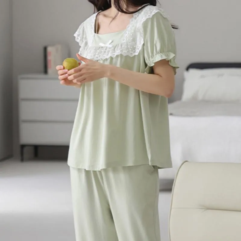 Conjunto de pijama de algodón corto de manga corta para mujeres, verano dulce y juvenil