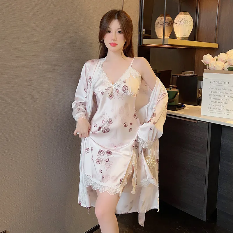 Conjunto de pijama de seda delgada de verano para mujeres, chaqueta de manga larga