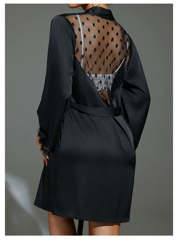 Pijama de seda helada con tirantes de encaje para damas