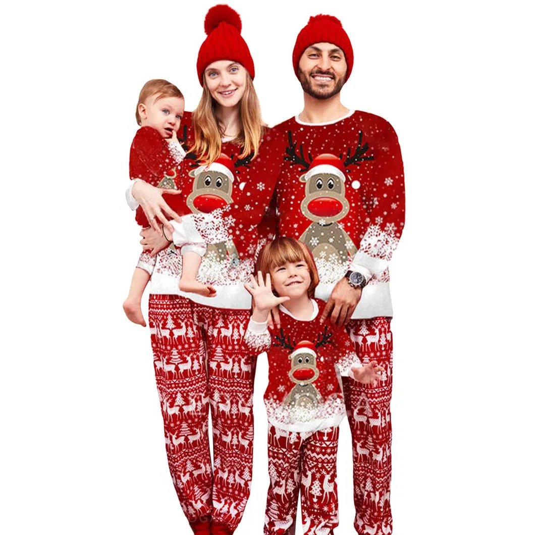 Pijamas navideños a juego para toda la familia con letras impresas de ciervos pequeños, conjunto de pijamas de algodón rojo