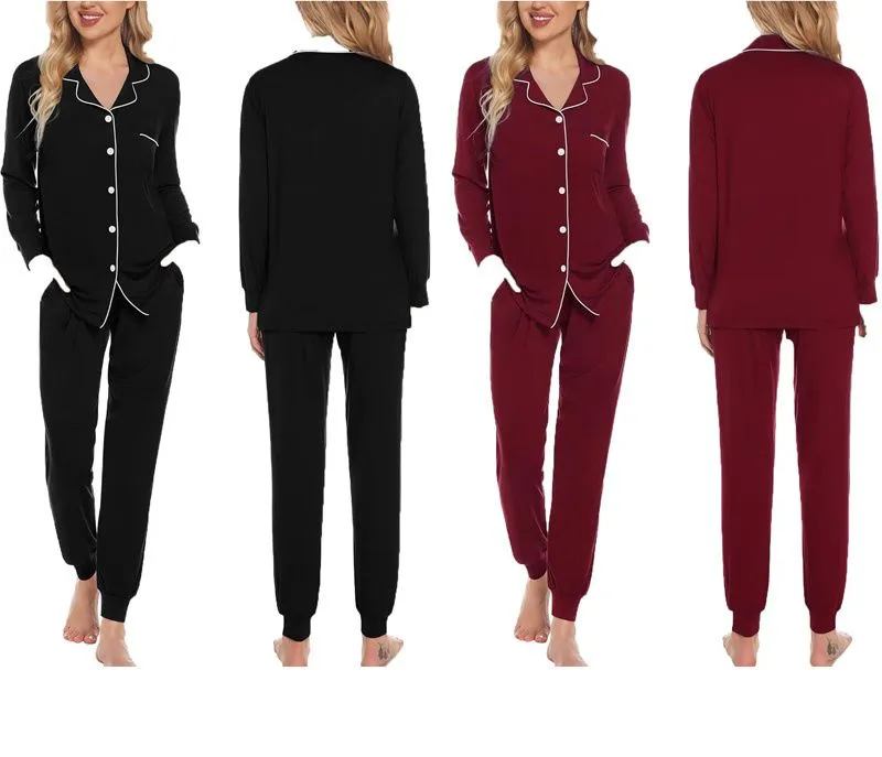Conjunto de pijama de mujer de modal de bambú, color sólido, de manga larga, con cuello, suelto y casual