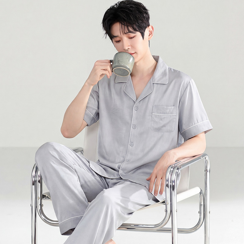 Conjunto de pijama de seda helada transpirable para hombres, de manga corta y pantalones largos, para el verano, talla grande, ropa de casa