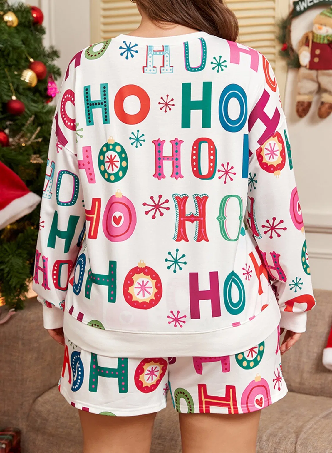 Querido Amante Boutique Mayorista Tallas Grandes Navidad Ho Ho Ho Impresión de Manga Larga Top y Pantalones Cortos 2PC Conjunto de Lounge Pijamas y Ropa de Dormir para Mujeres