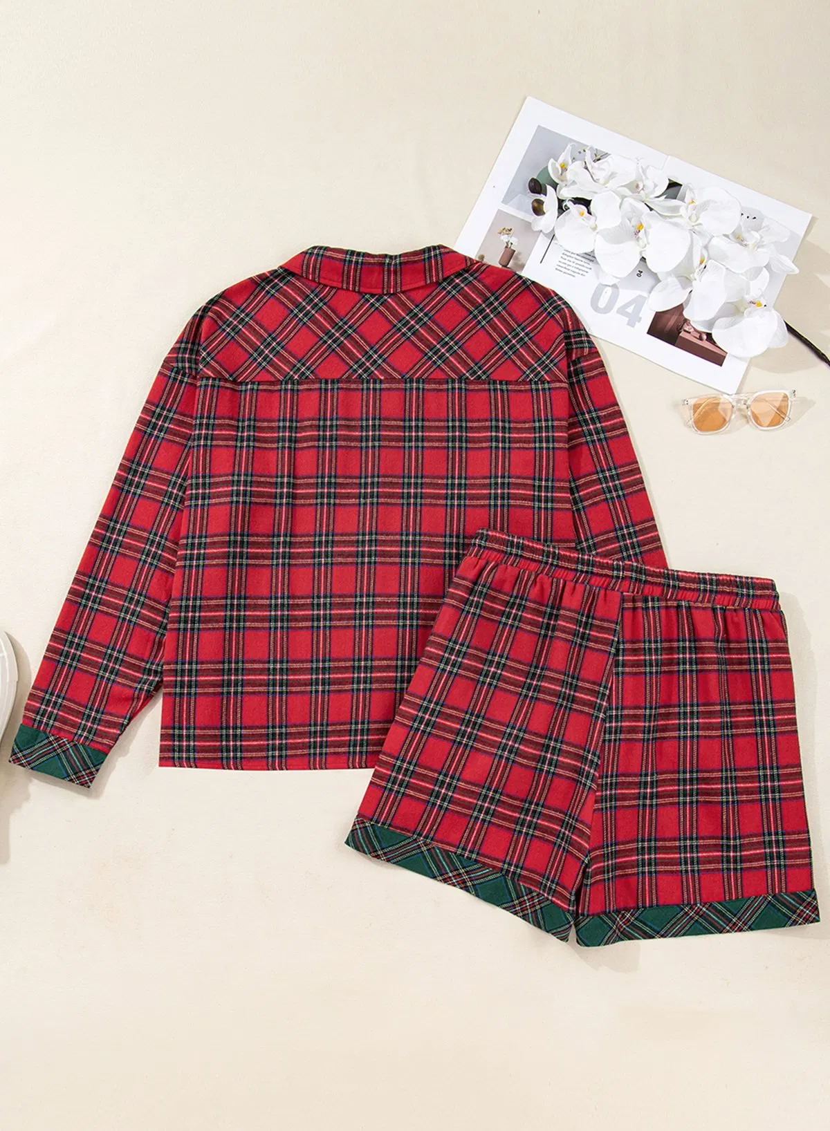 Querido Amante Boutique Mayorista Talla Grande Camisa de Manga Larga a Cuadros con Contraste y Pantalones Cortos 2PCS Conjunto de Pijama
