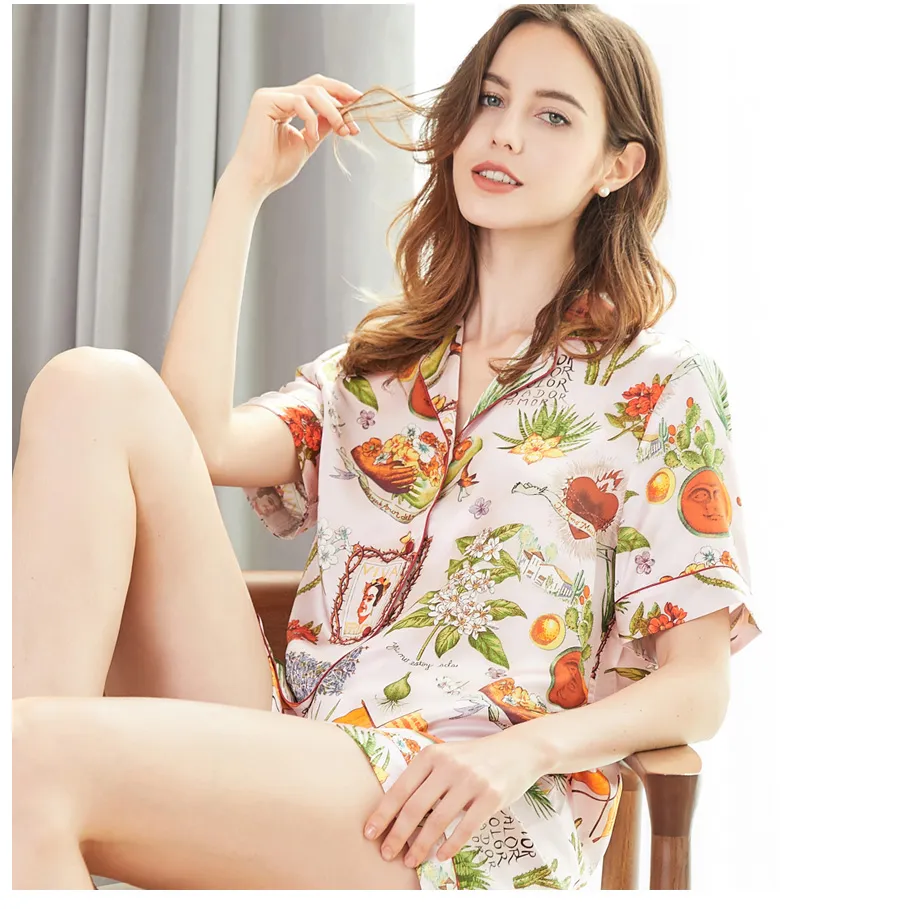 Pijama de Seda Mulberry Impresa 100% para Mujeres