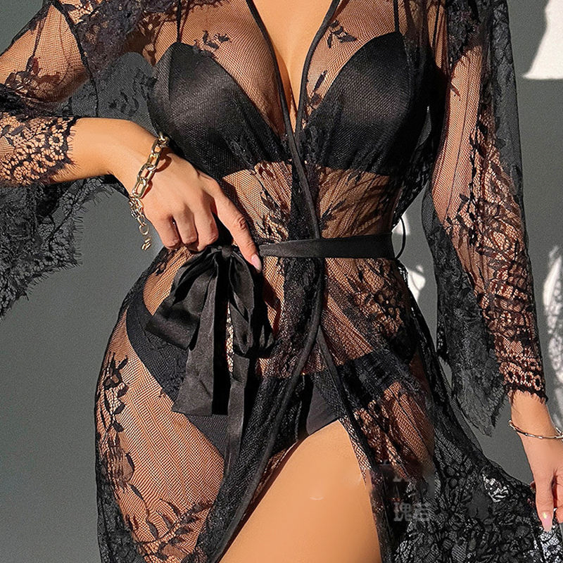 Atractivo Sexual Bata de Encaje Ancho Perspectiva Profunda V Frenum Ropa Cómoda de Casa Ropa Interior Sexy Pijamas Sexys