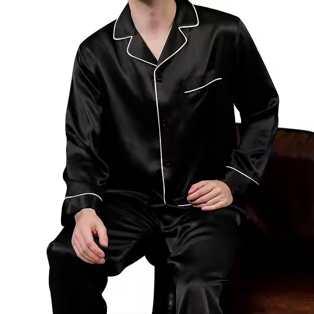 Ropa de dormir de satén liso al por mayor, ropa de casa de talla grande con bolsillos, pijamas de seda para hombres, camisones de dos piezas