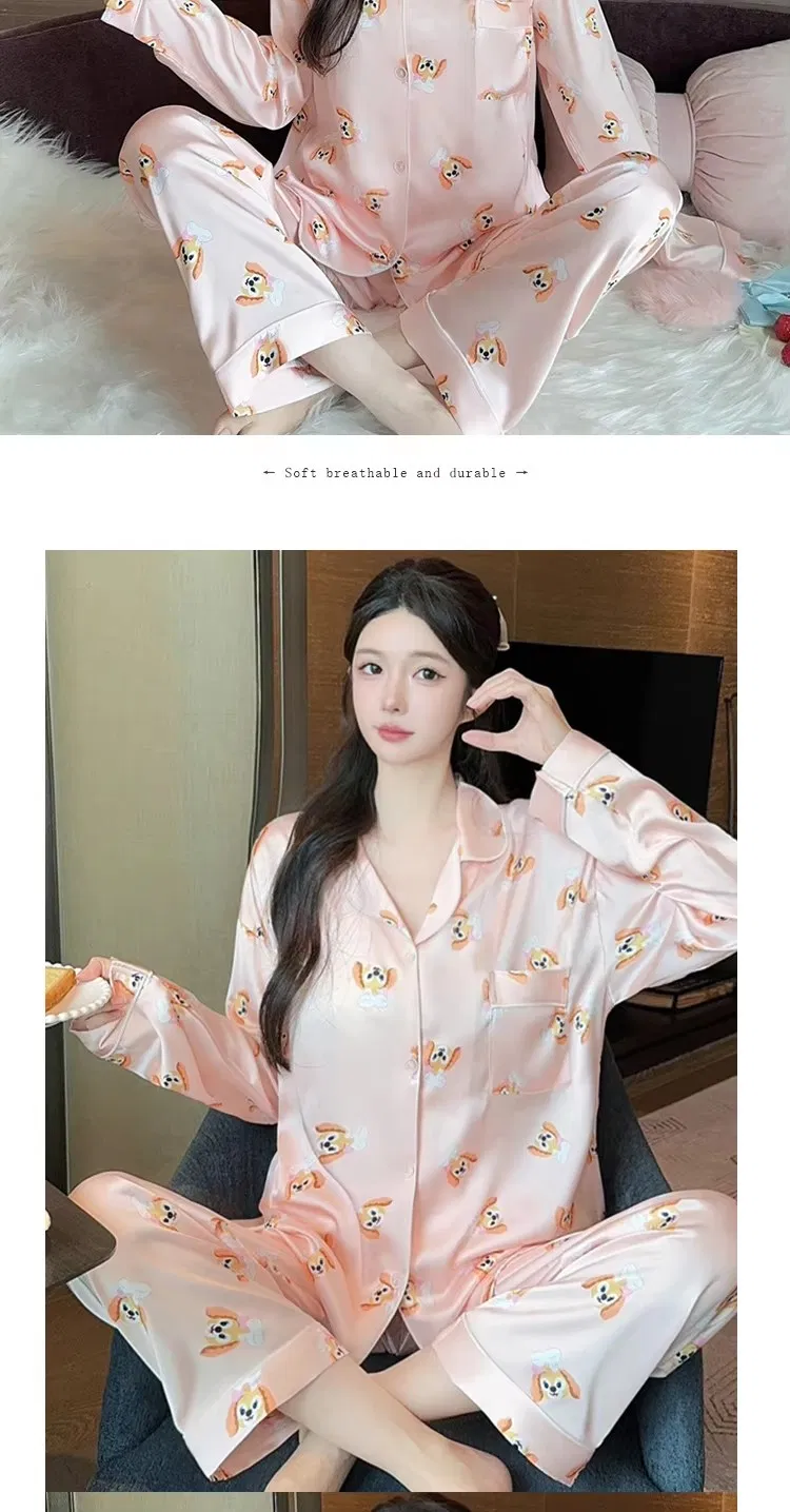 Pijama de Seda de Manga Larga para Mujer Talla Grande Talla Plus 100.00kg-175.00kg Pantalones Conjunto de Pijama