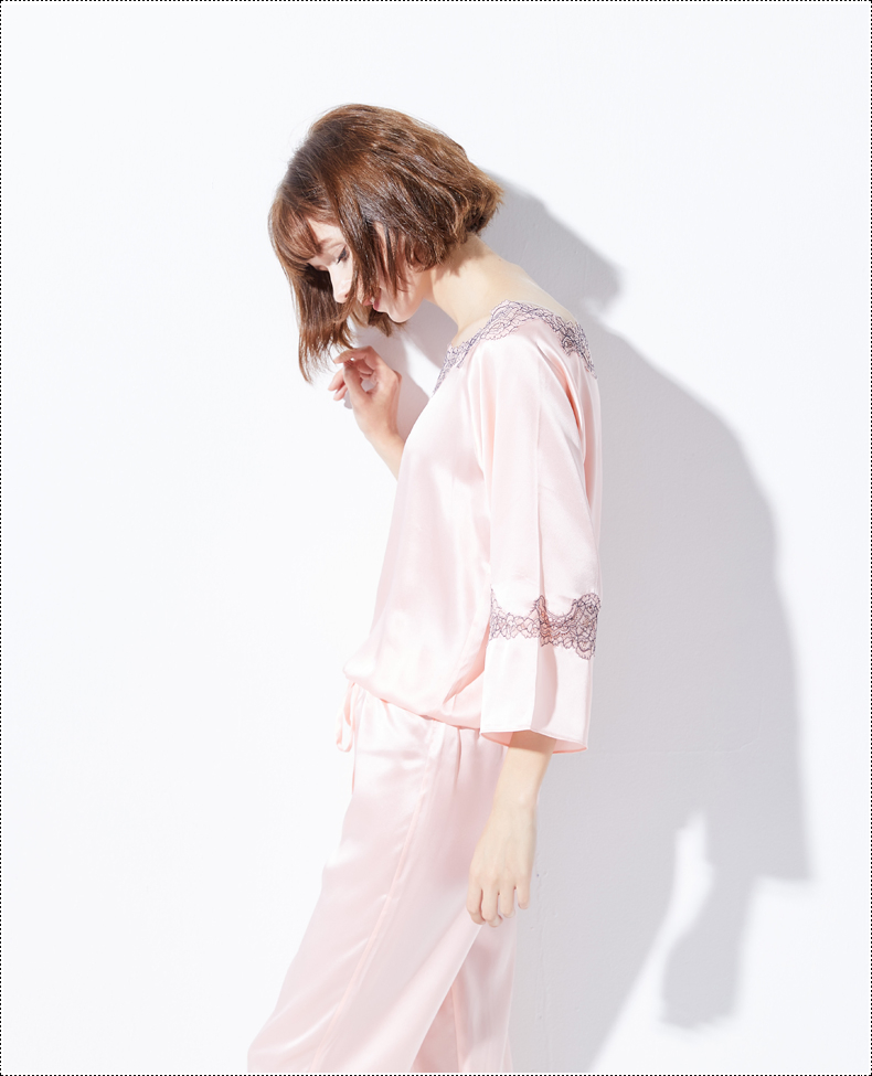 Conjunto de pijama de seda pura para dama con bordado de lujo 100%