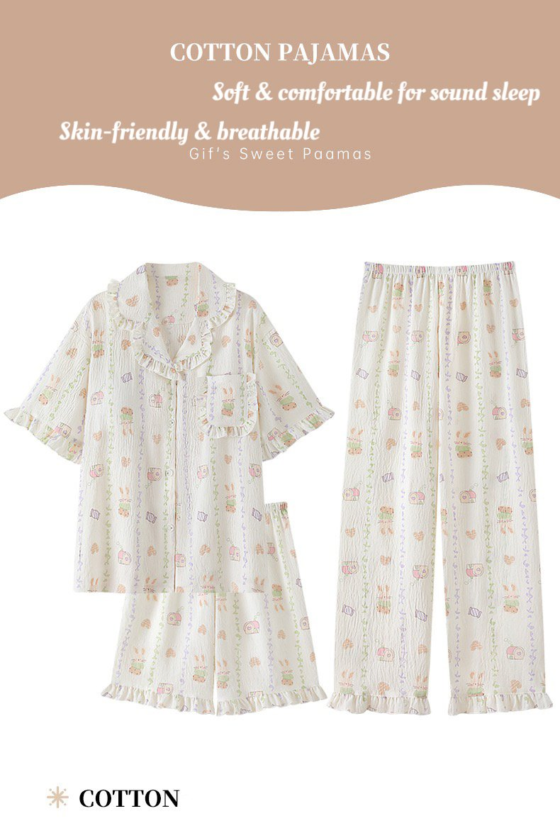 2025 Conjunto de Pijamas de Algodón Suave de Verano 3-Piece - Pijamas de Manga Corta y Pantalones Largos para Dormir en Casa