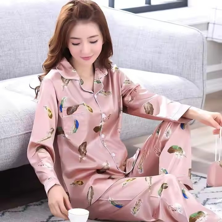 Pijama de Seda de Manga Larga para Mujer Talla Grande Talla Plus 100.00kg-175.00kg Pantalones Conjunto de Pijama