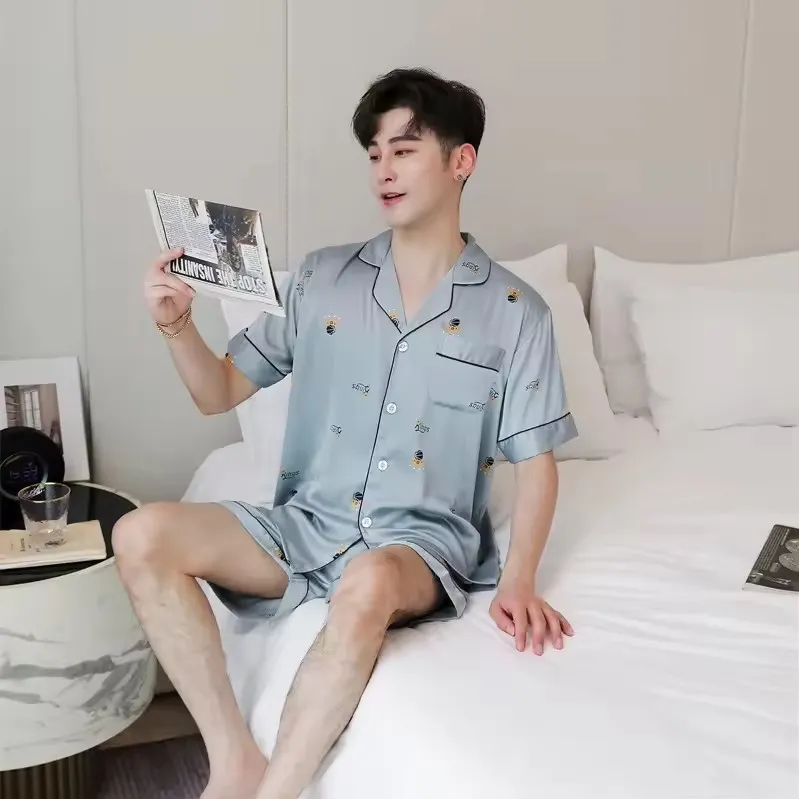 Conjunto de pijama de seda para hombre de manga larga y pantalones largos, estilo hogareño, de alta calidad, primavera y otoño, nueva moda, ropa Hong, de seda helada, cómoda y transpirable