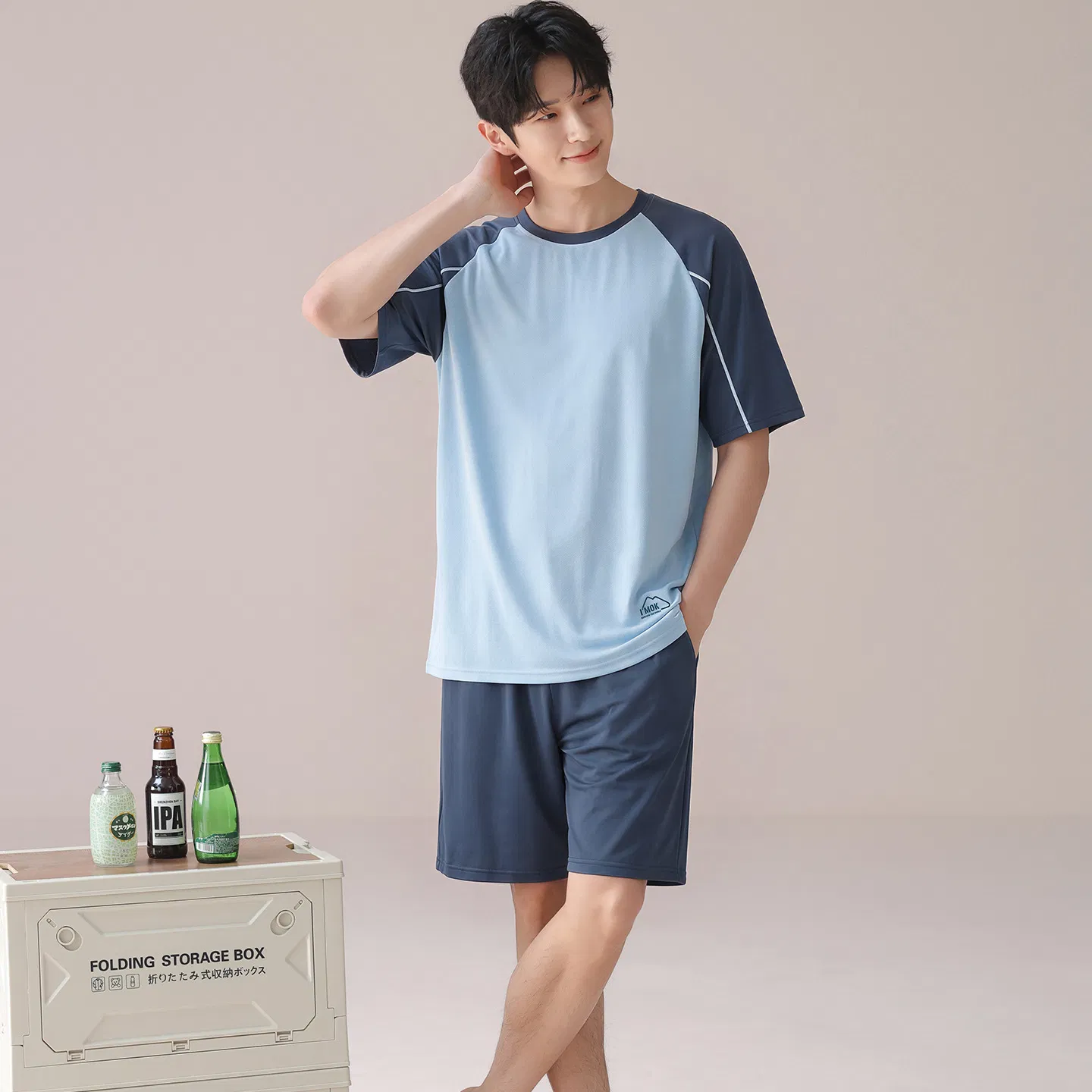 Conjunto de pijama corto de manga corta suelto y simple para hombres, de poliéster elástico y delgado, ideal para el verano, uso casual al aire libre y en casa
