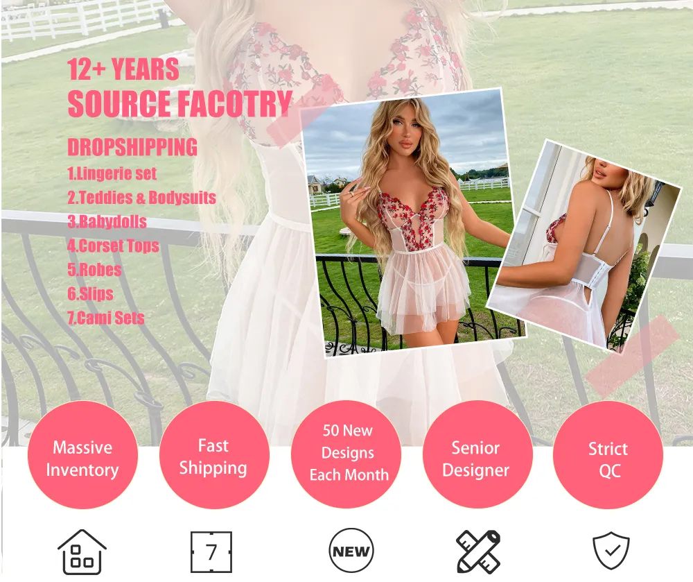 Lencería sexy personalizada al por mayor para mujeres, pijamas de encaje rojos, nuisette blanca transparente