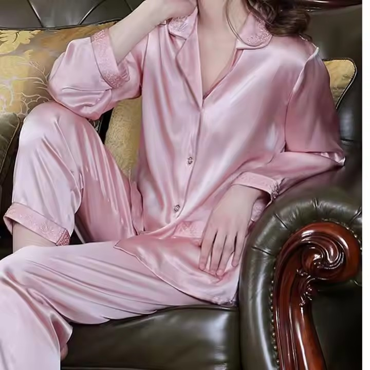 100% Conjunto de Pijamas de Seda Transpirable de Dos Piezas para Hombres con Mangas Largas Bata de Invierno Ropa de Noche Traje de Dormir