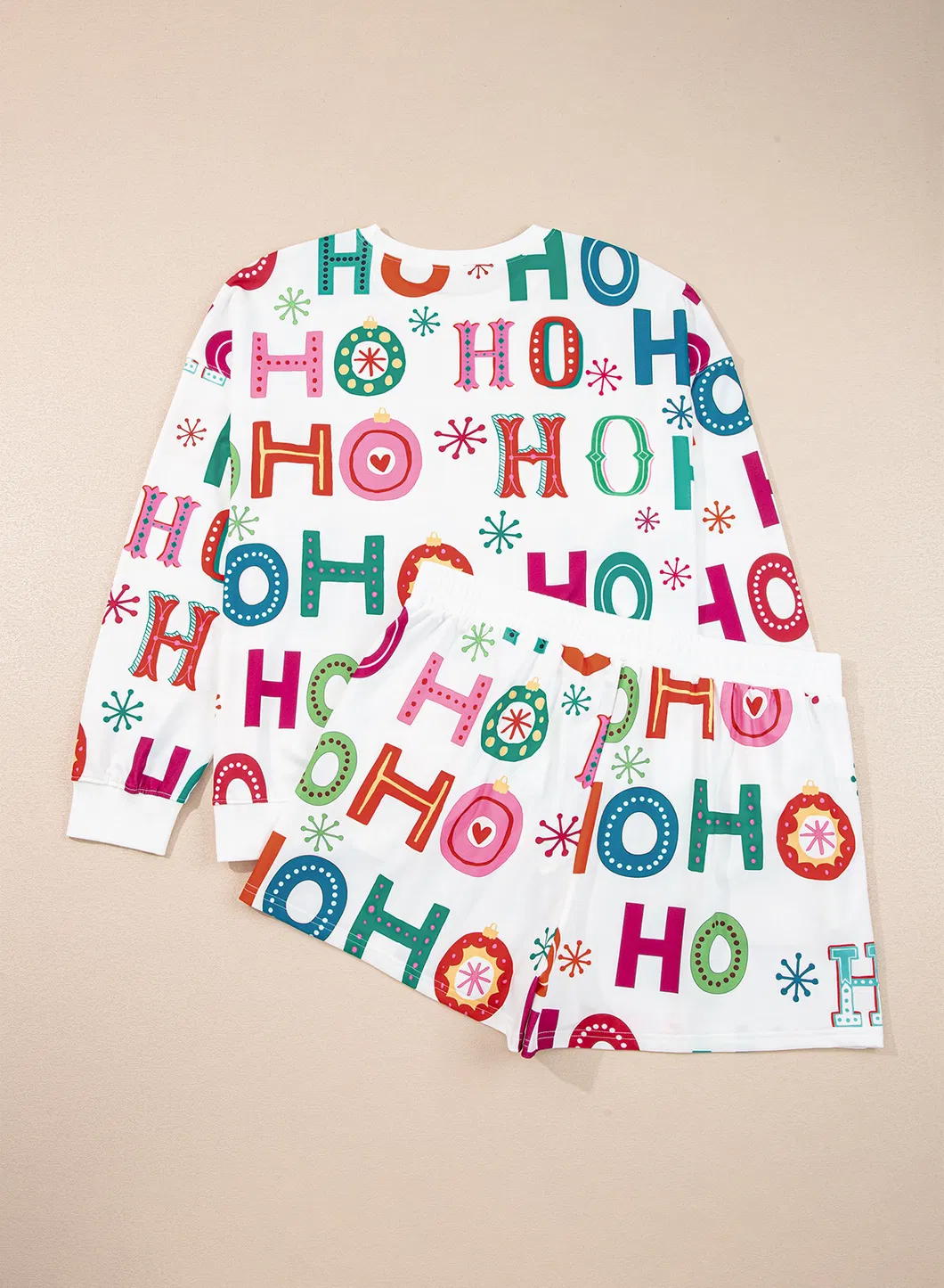 Boutique Mayorista Tallas Grandes Navidad Ho Ho Ho Impresión de Manga Larga Top y Pantalones Cortos 2PC Conjunto de Lounge Pijamas y Ropa de Dormir para Mujeres
