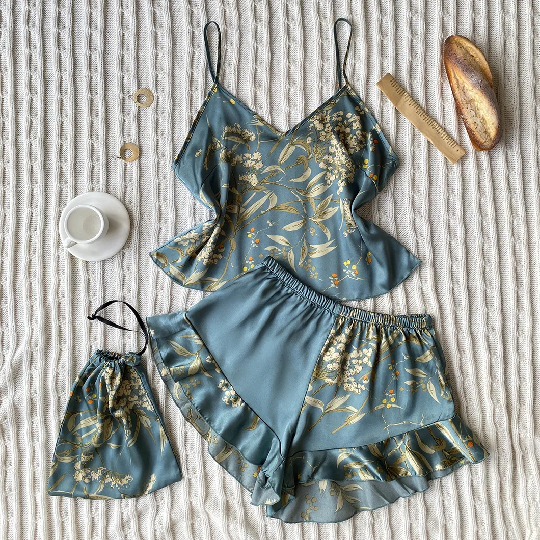 Pijamas impresos de estilo seda imitación talla grande, pijamas de seda helada casuales y a la moda, ropa de casa