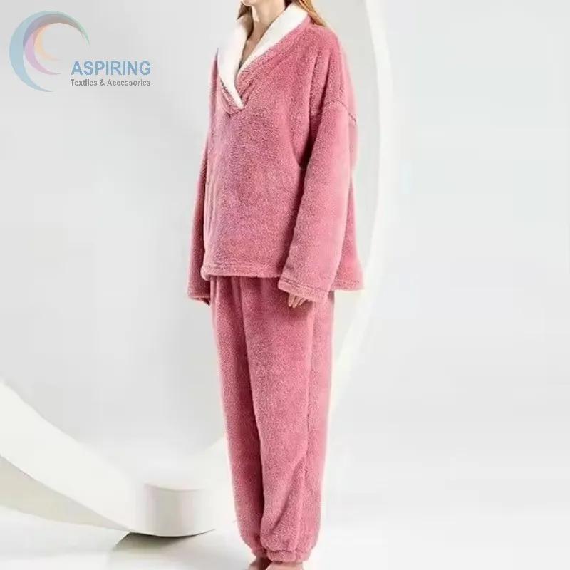 Conjunto de pijama de mujer de algodón de terciopelo grueso y cómodo para invierno