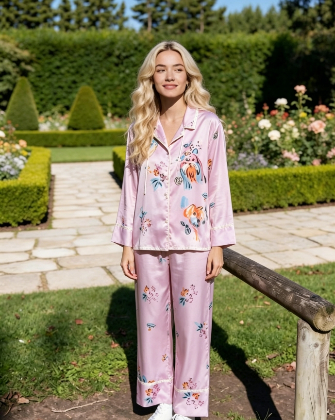 Conjunto de pijamas de seda estampada a la moda, pijamas de manga larga para mujer