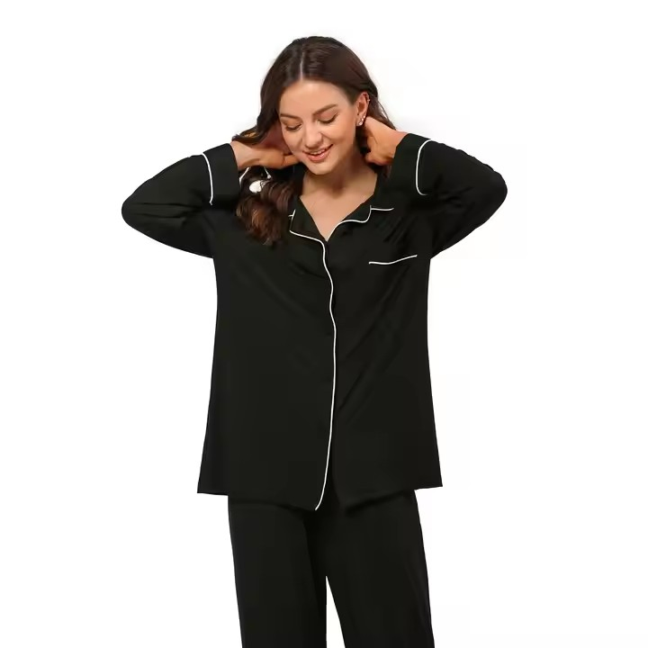 Pijamas de mujer de dos piezas de algodón orgánico modal de bambú, conjunto de top de manga larga y pantalones