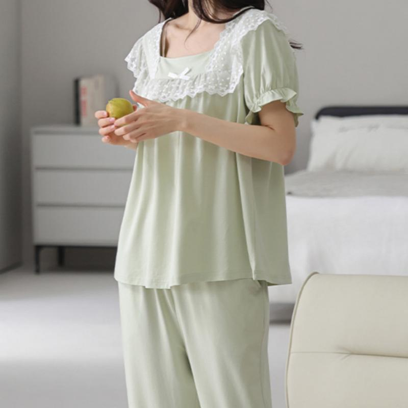 Conjunto de pijama de algodón corto de manga corta para mujeres, verano dulce y juvenil