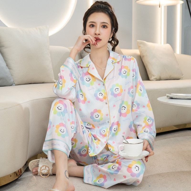 Pijamas casuales de mujer de longitud completa con estampado floral elegante y bordado para mujer