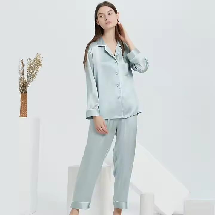 100% Conjunto de Pijamas de Seda Transpirable de Dos Piezas para Hombres con Mangas Largas Bata de Invierno Ropa de Noche Traje de Dormir
