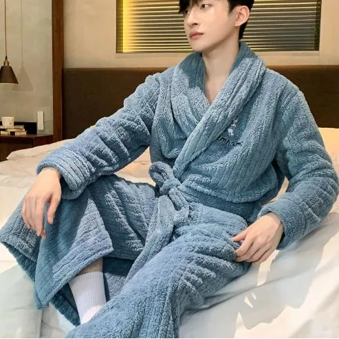 Pijamas de invierno de franela gruesa para hombres, ropa de casa de invierno, bata de baño de dibujos animados