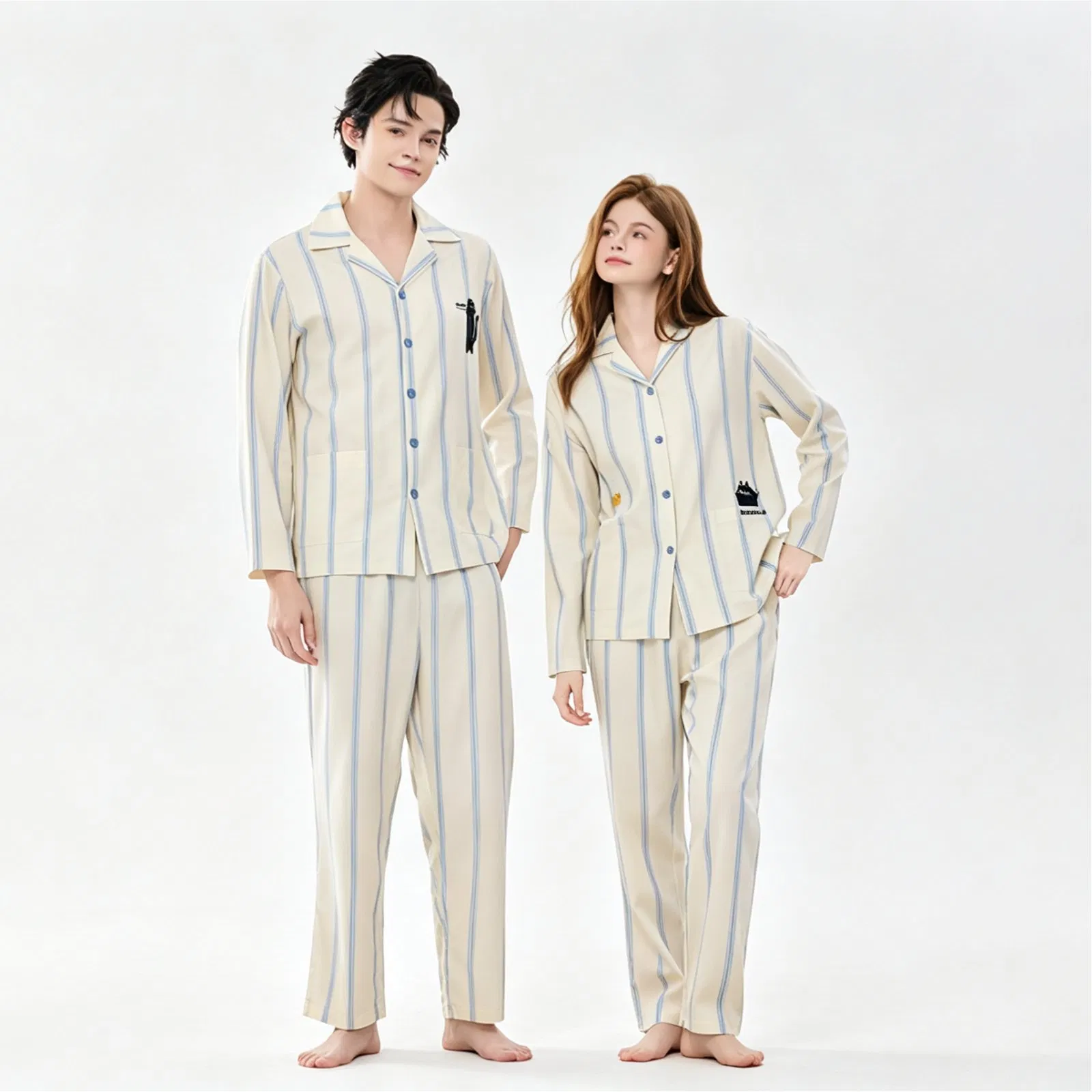 Conjunto de pijama a rayas para pareja de manga larga, ropa de hogar, traje de dos piezas