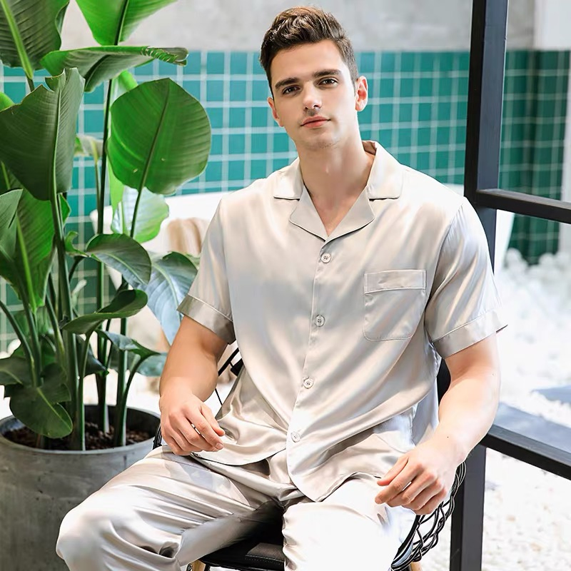 Pijama de dos piezas de seda pura para hombre, con camiseta de manga corta y pantalones