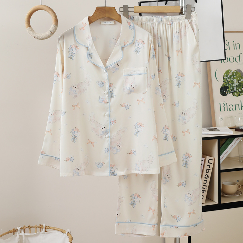 Conjunto de pijama de manga larga impresa de seda helada para mujer, primavera y otoño
