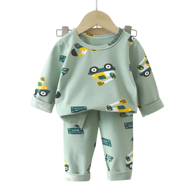Conjunto de pijamas de algodón cálido para bebés, cuello redondo, pantalones largos de otoño para niños