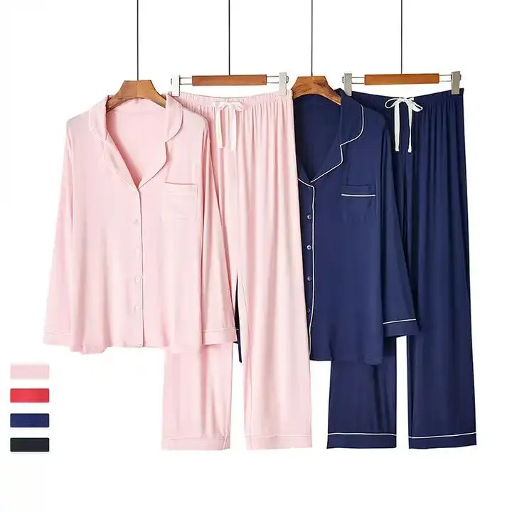 Conjunto de pijama de mujer de modal de bambú, color sólido, de manga larga, con cuello, suelto y casual