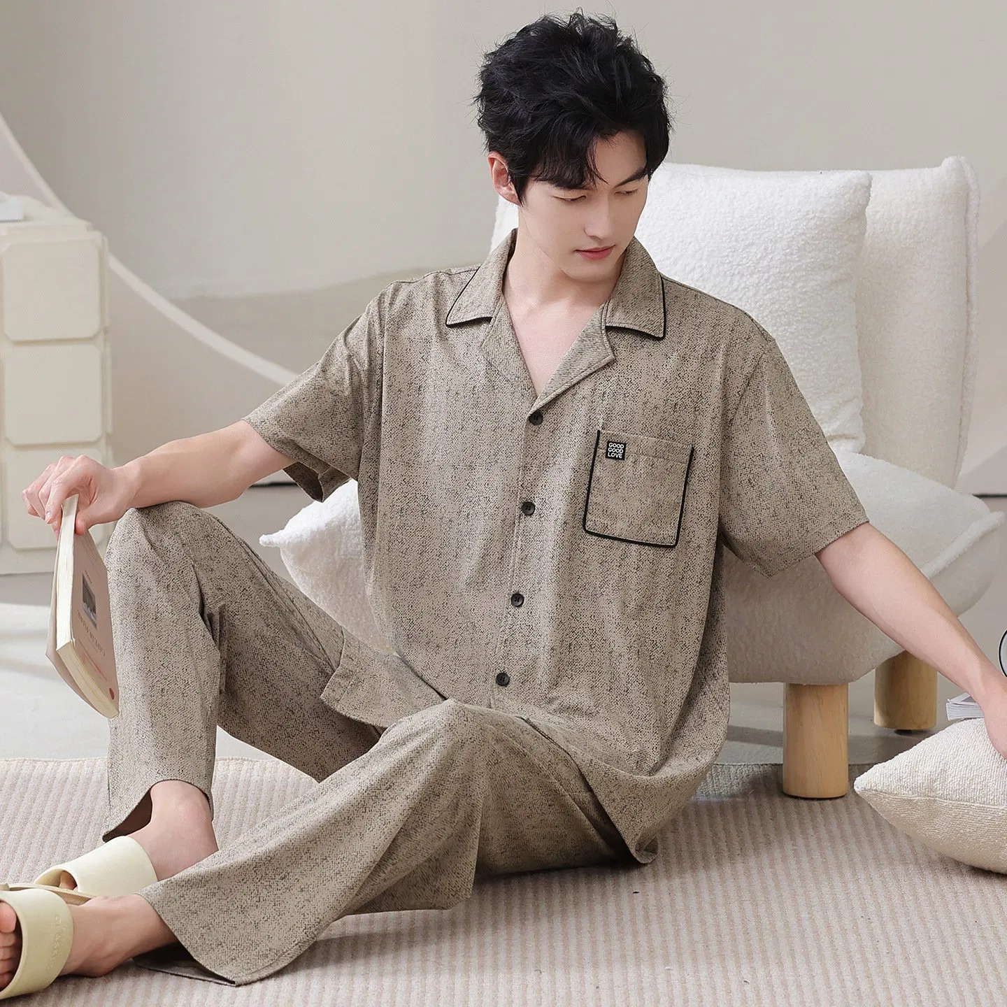 Conjunto de pijama de lujo ligero de algodón puro para hombre, cárdigan abierto de verano de manga corta