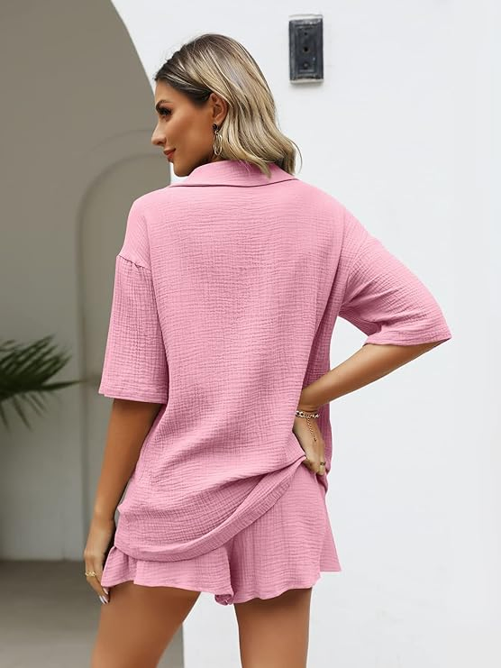 Conjunto de Pijamas de Muselina para Mujeres, Camiseta y Pantalones Cortos, Ropa de Casa Casual, Ajuste Suelto, Algodón Sólido 2 piezas