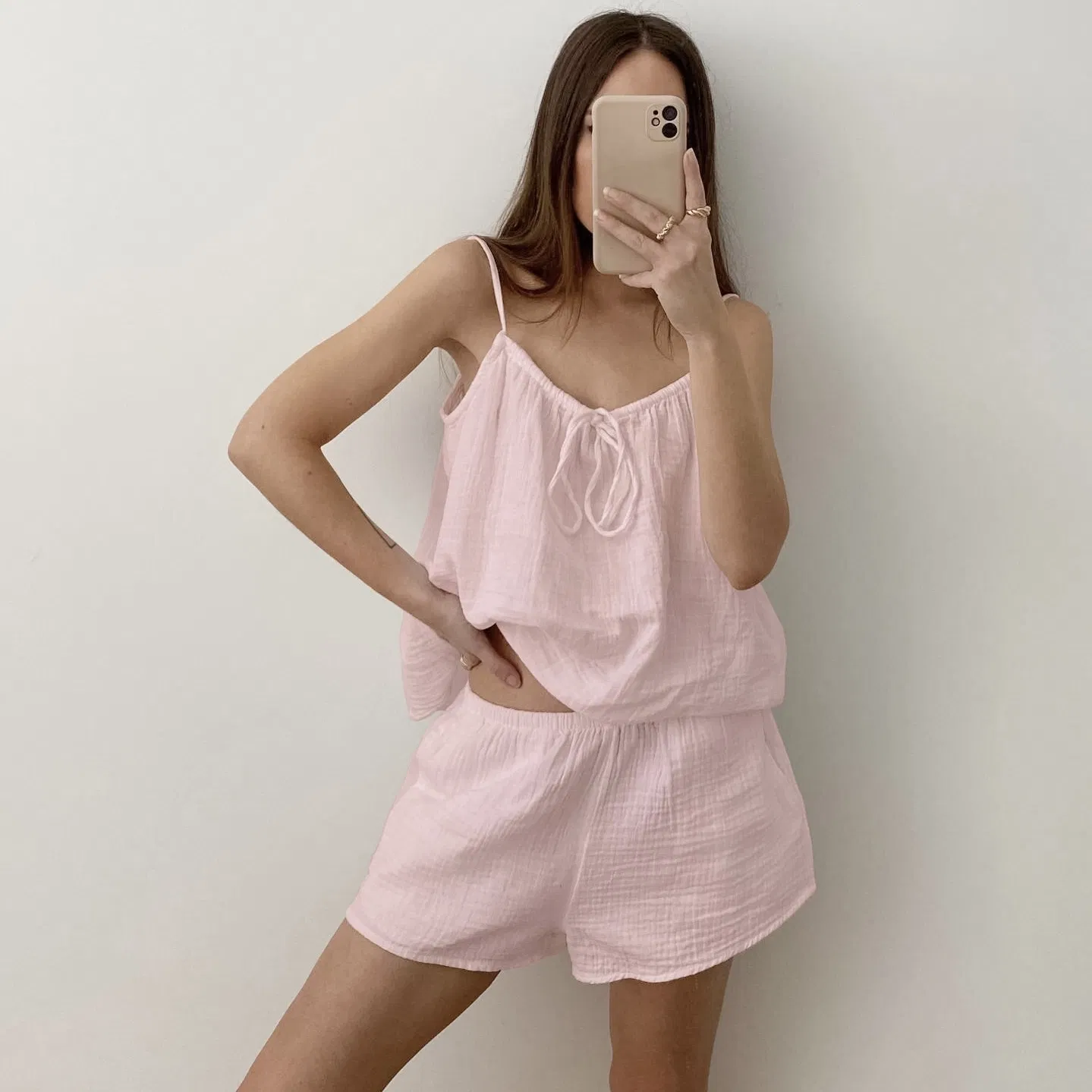 Conjunto de pijama de algodón crepe suave y transpirable, cómodo para el hogar, verano de chicas suaves