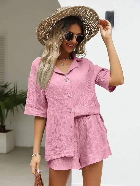 Conjunto de Pijamas de Muselina para Mujeres, Camiseta y Pantalones Cortos, Ropa de Casa Casual, Ajuste Suelto, Algodón Sólido 2 piezas