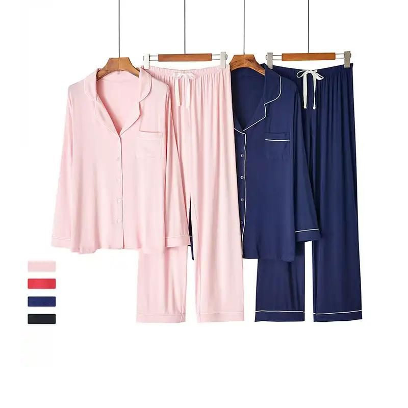 Conjunto de pijama de mujer de modal de bambú, color sólido, de manga larga, con cuello, suelto y casual