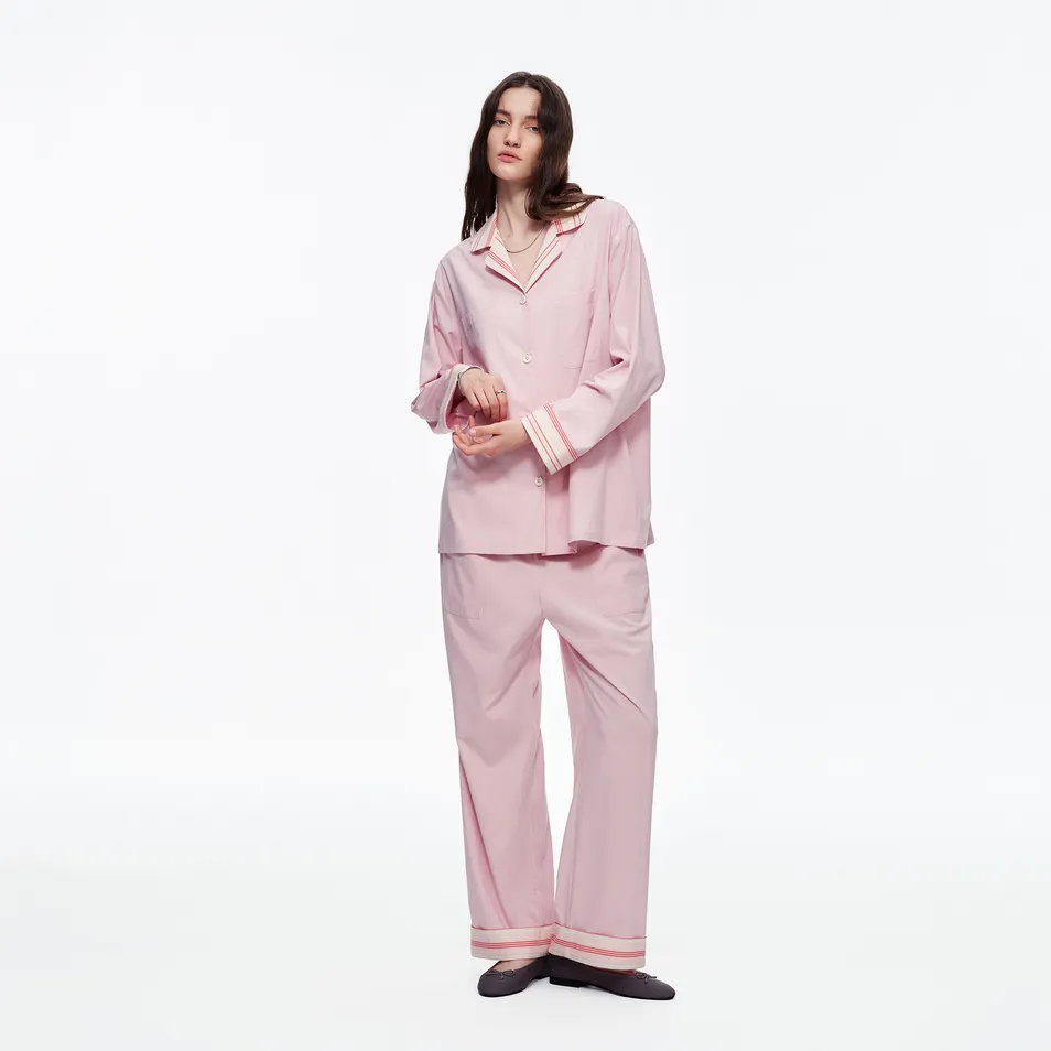 Women Minimalist Solid Breathable Fabric Long Sleeve Casual Antibacterial Loungewear Pajamas