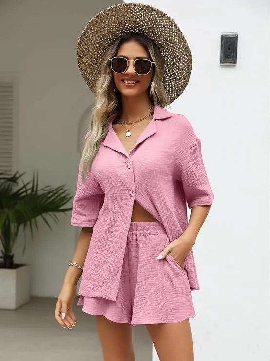 Conjunto de Pijamas de Muselina para Mujeres, Camiseta y Pantalones Cortos, Ropa de Casa Casual, Ajuste Suelto, Algodón Sólido 2 piezas