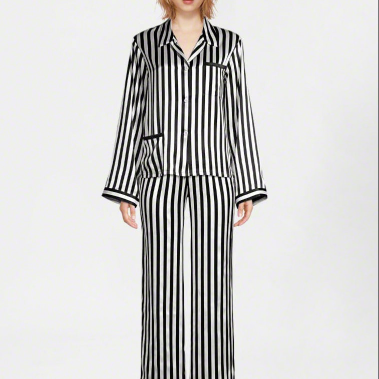 Conjunto de Pijamas de Seda al por Mayor con Camisón de Cuello en V, Vestido de Noche de Seda de Lujo, Ropa de Casa de Seda a Rayas para Mujeres