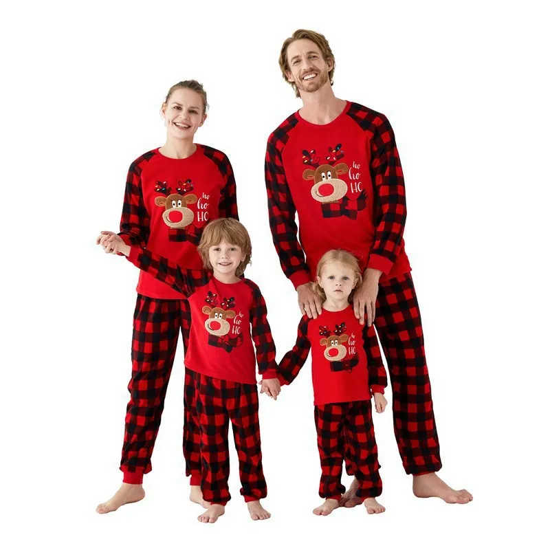 Pijamas navideños a juego para toda la familia con letras impresas de ciervos pequeños, conjunto de pijamas de algodón rojo