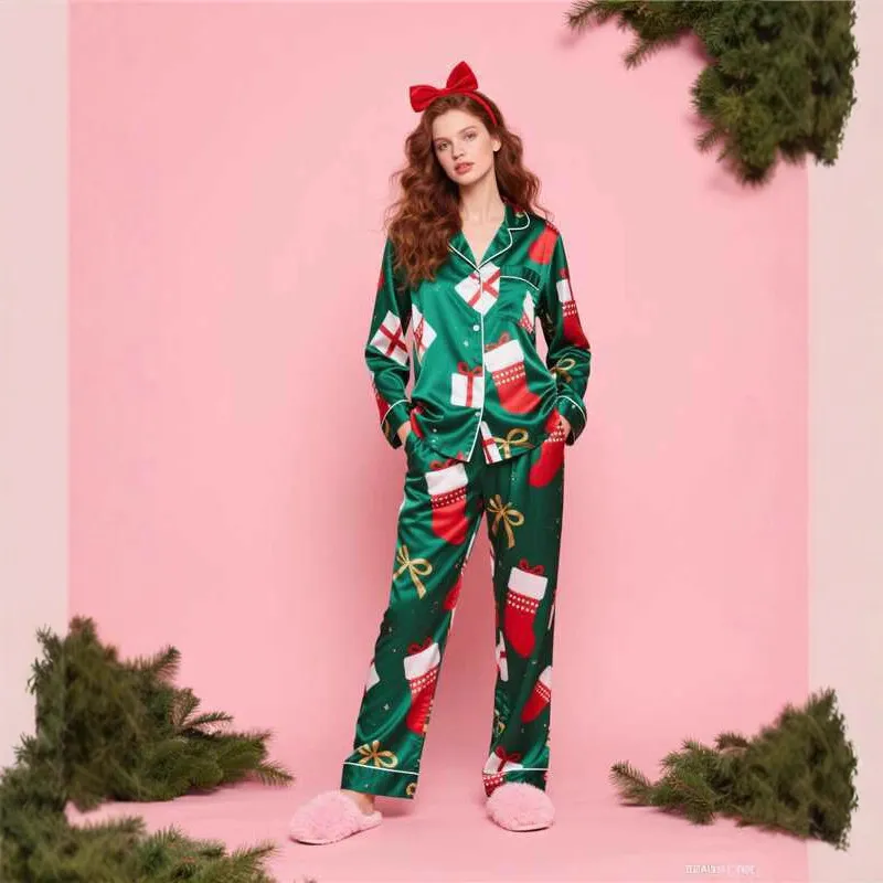 Conjunto de pijama impreso de manga larga casual con pantalones