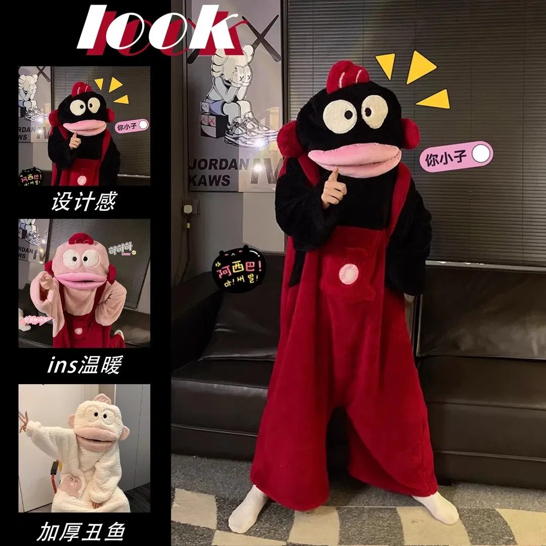 Pijamas de una pieza al por mayor, de estilo caricaturesco y peculiar, forrados con coral de invierno, gruesos y cálidos, se pueden usar como ropa exterior o de descanso
