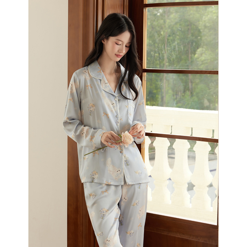 Conjunto de pijama de manga larga impresa de seda helada para mujer, primavera y otoño