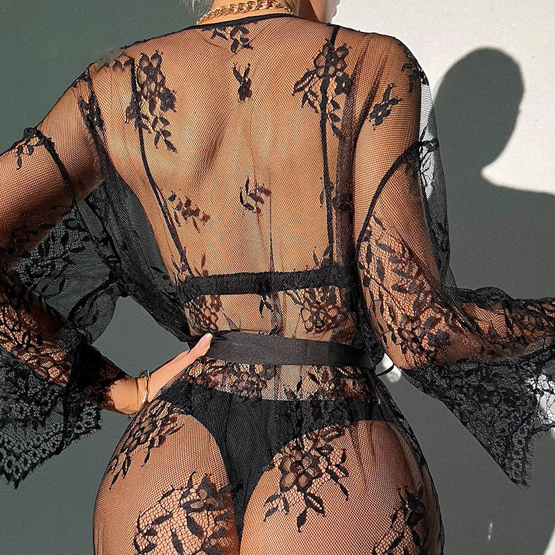 Atractivo Sexual Bata de Encaje Ancho Perspectiva Profunda V Frenum Ropa Cómoda de Casa Ropa Interior Sexy Pijamas Sexys