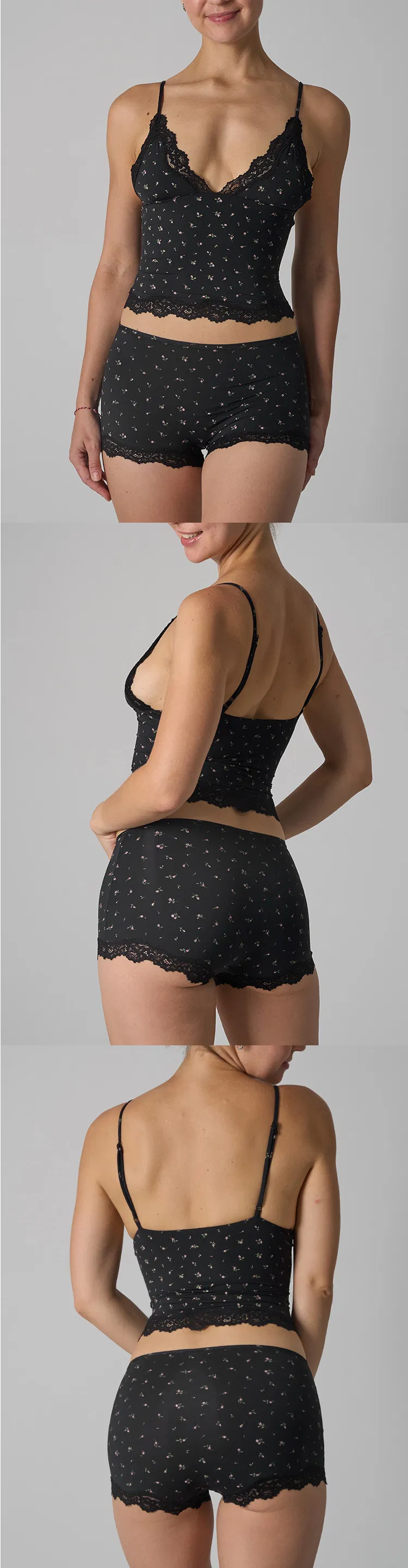 Conjunto de pijama de mujer con tirantes en V impresos, panty de alta elasticidad y bordes de encaje