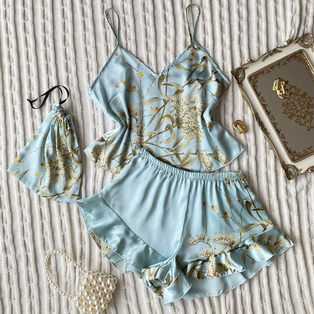 Pijamas impresos de estilo seda imitación talla grande, pijamas de seda helada casuales y a la moda, ropa de casa